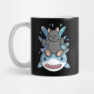 Cat Rides Swimming Shark Mug